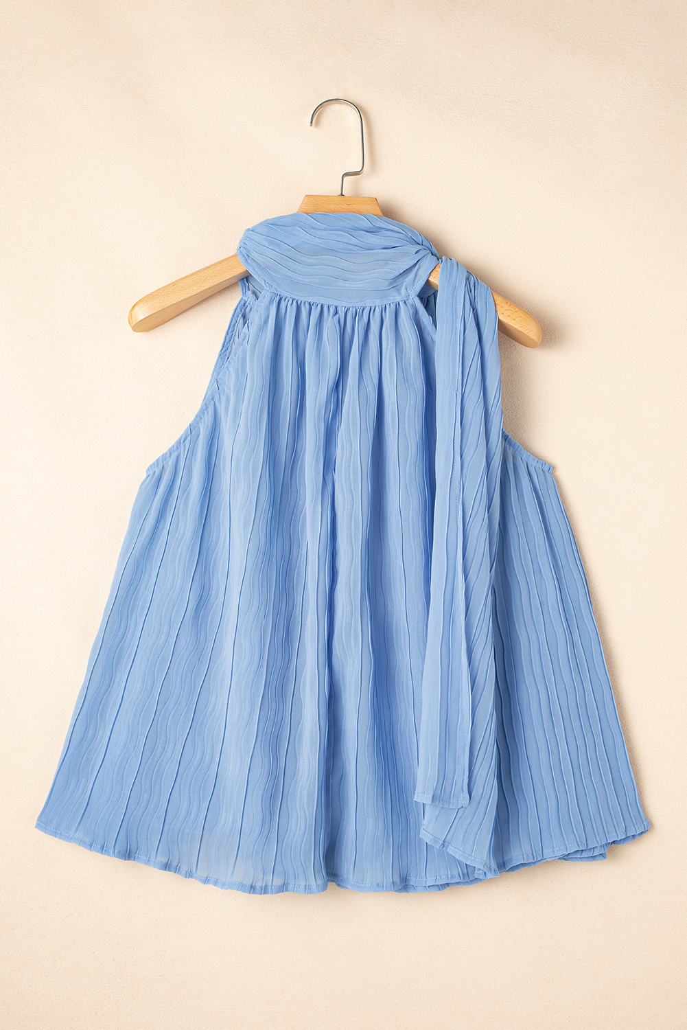 Myosotis Textured Pleated Tied Mock Neck Flowy Tank Top