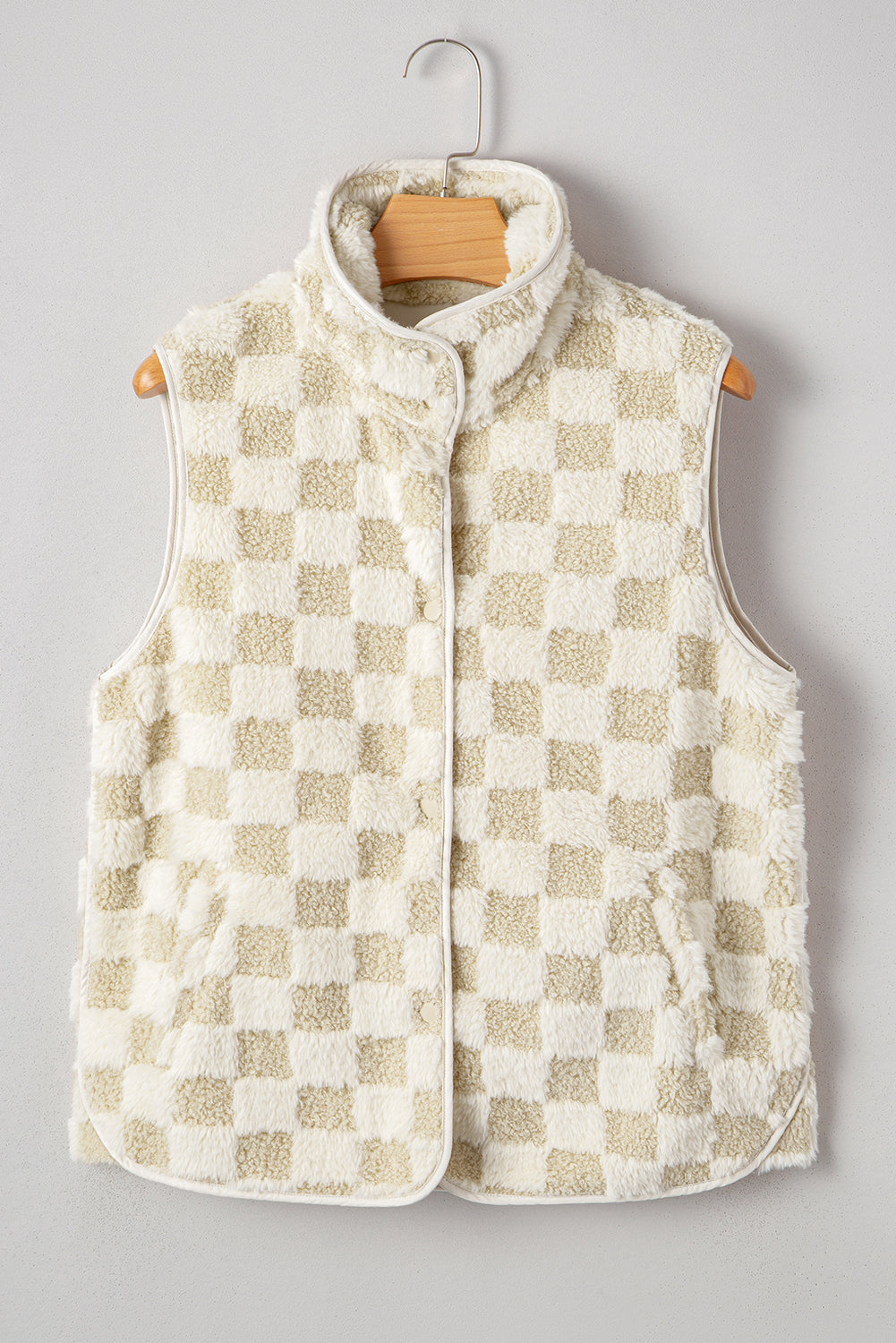 Khaki Sherpa Checkerboard Snap Button Vest Jacket With Pocket