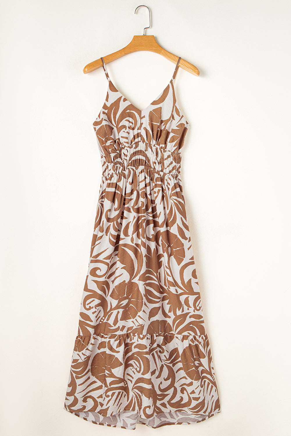 Khaki Floral Shirred High Waist Spaghetti Straps Maxi Dress