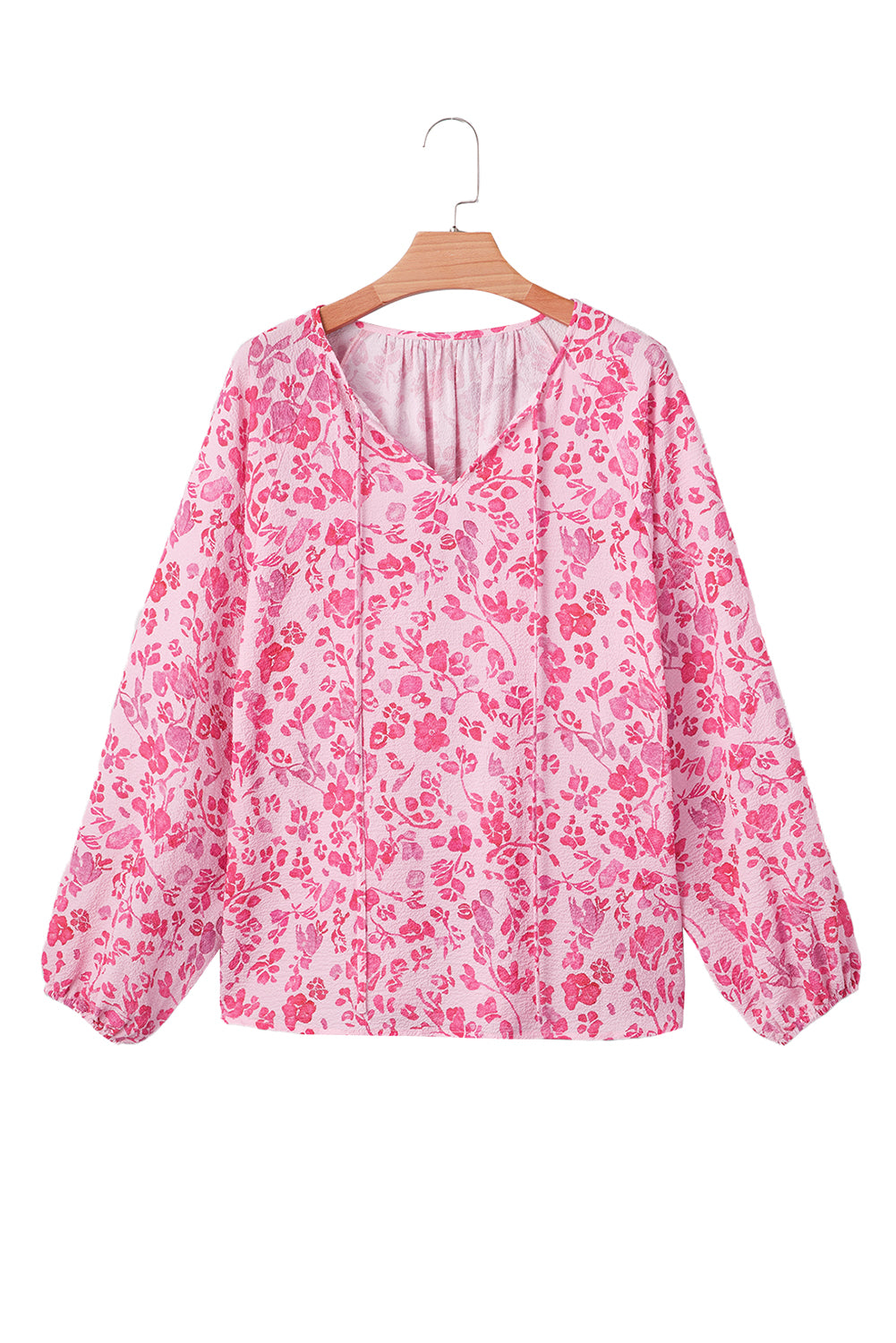 Pink Floral Puff Sleeve Split Neck Blouse
