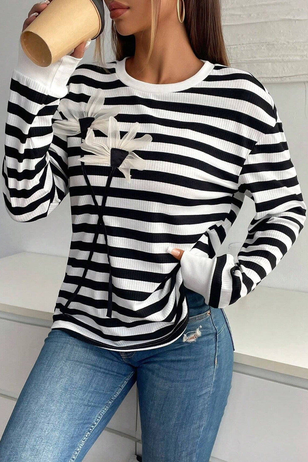 Black White Ribbed Striped Floral Applique Long Sleeve Top