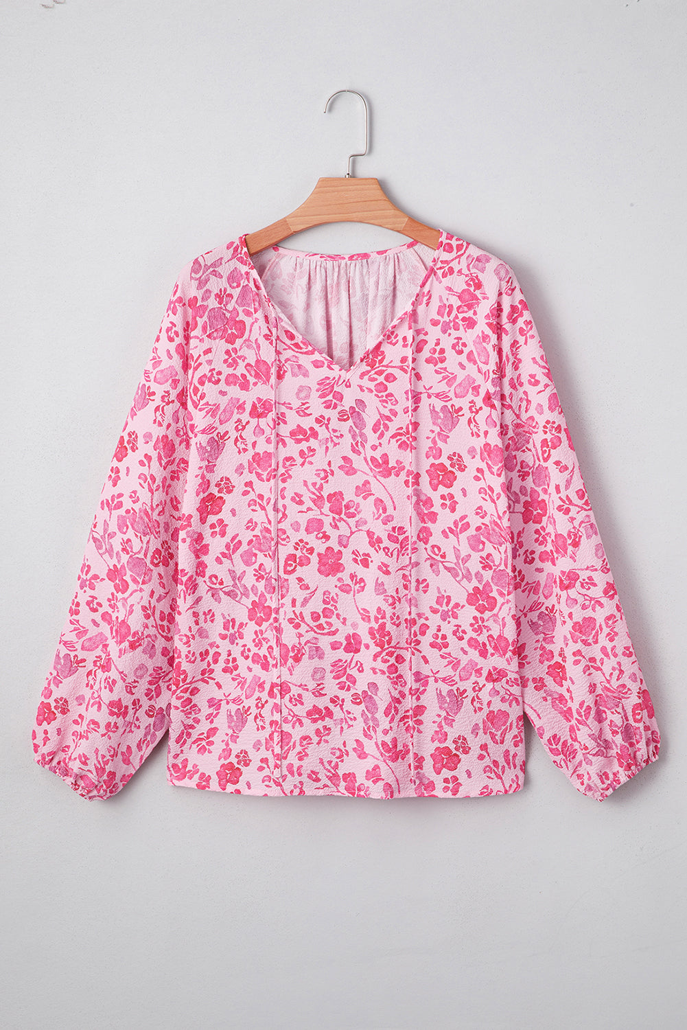 Pink Floral Puff Sleeve Split Neck Blouse