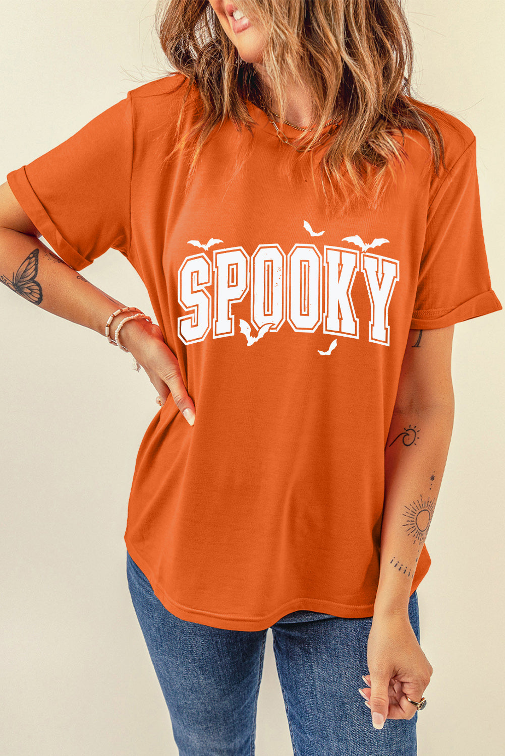 Orange SPOOKY Print Crewneck Halloween T Shirt