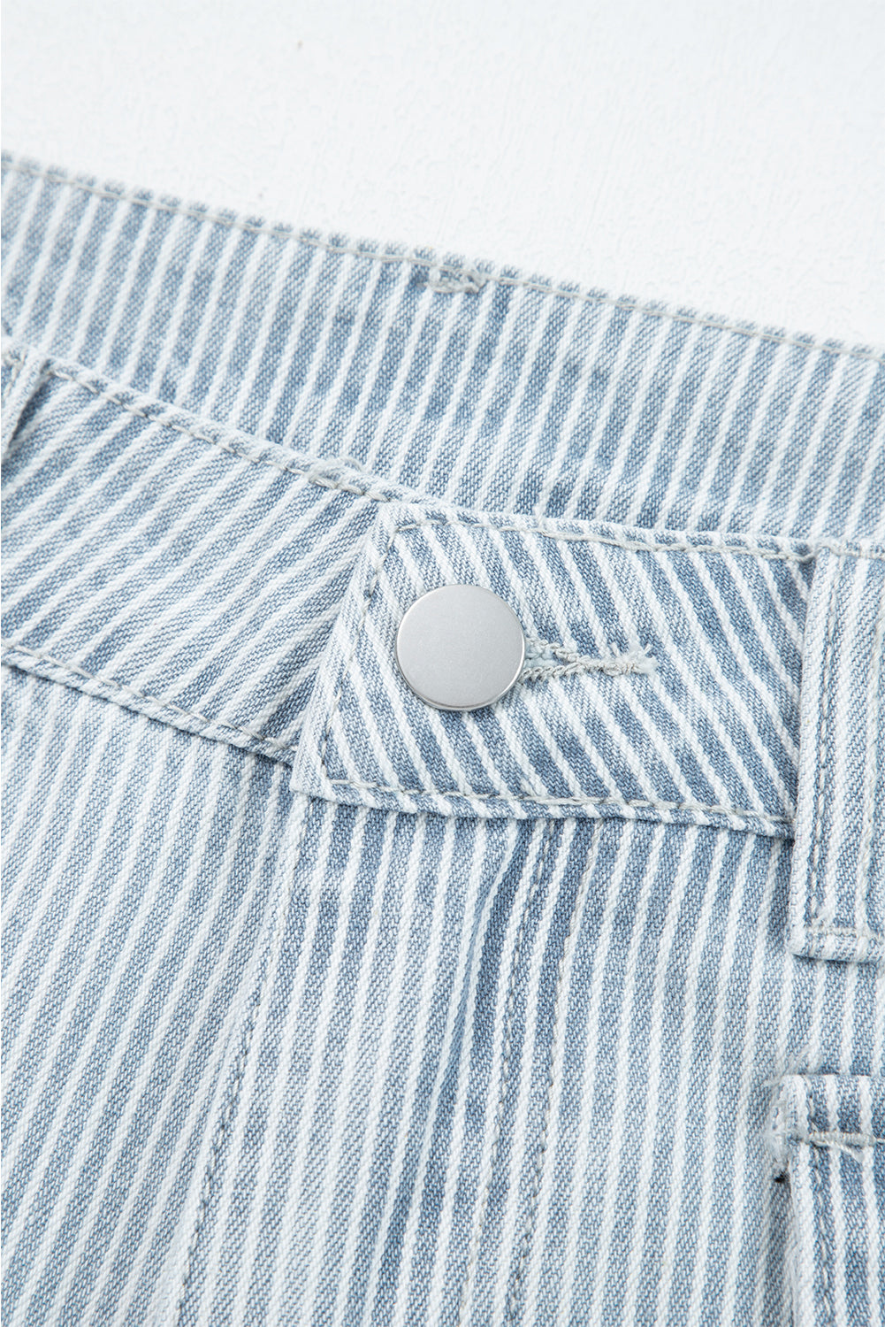 Sky Blue Striped Button Flap Pocket Cuffed Hem Wide Leg Jeans