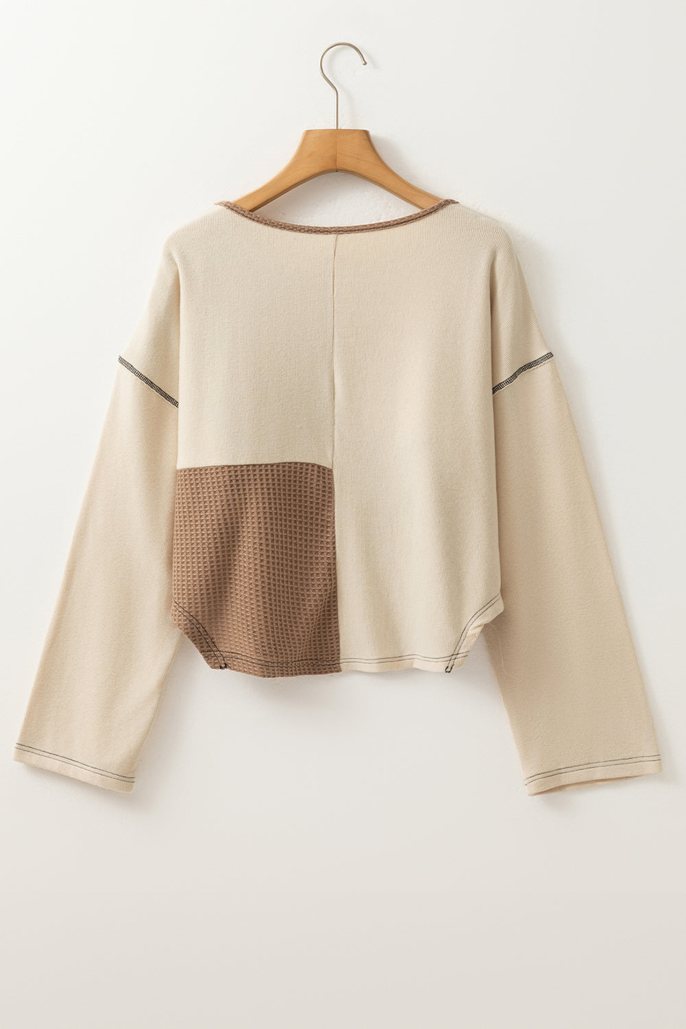 Beige Waffle Patchwork Stitch Detail Long Sleeve Henley Top