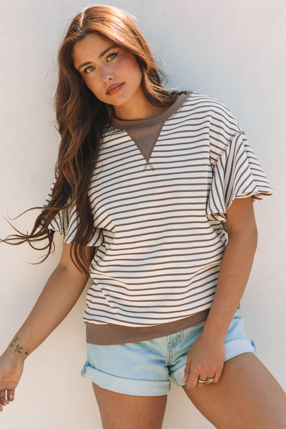 Parchment Contrast Detail Striped Ruffle Short Sleeve Top