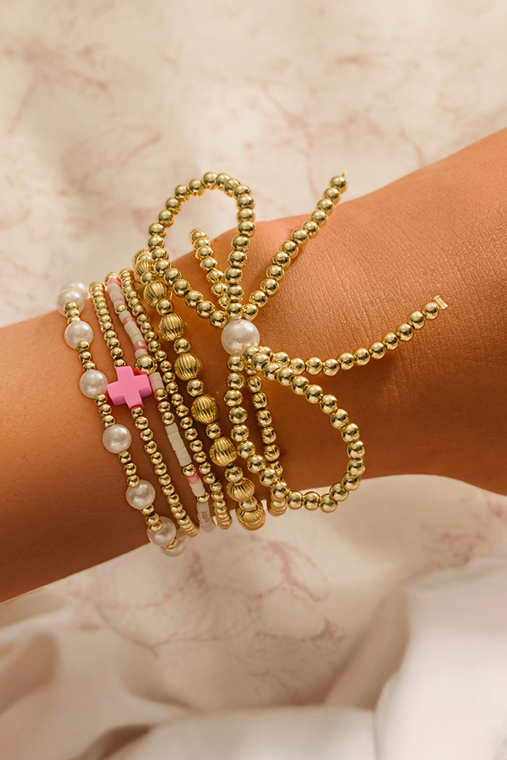 Gold Bow Pearl Cross Beaded Bracelet Set