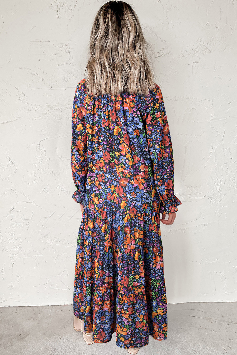 Blue Floral Print Tassel Tie V Neck Long Sleeve Flowy Long Dress