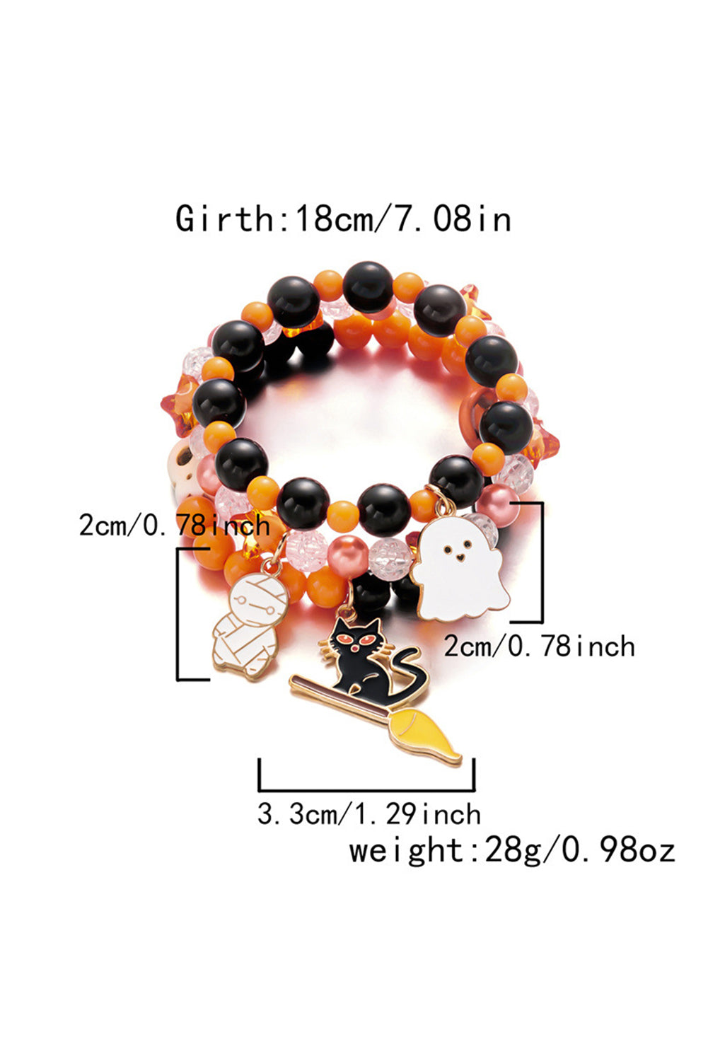 Orange 3pcs Hallowen Pendent Elastic Beaded Bracelet Set
