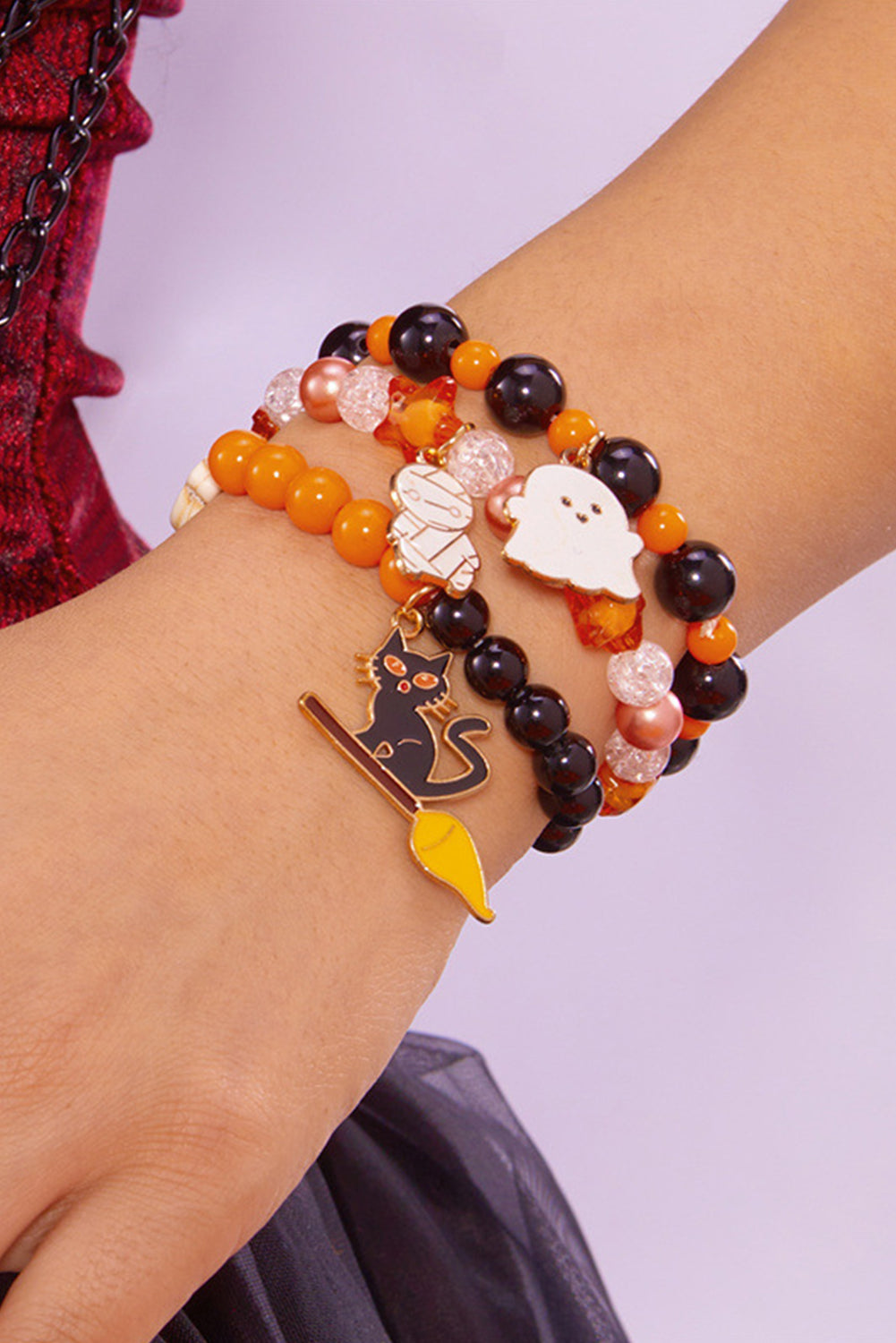 Orange 3pcs Hallowen Pendent Elastic Beaded Bracelet Set