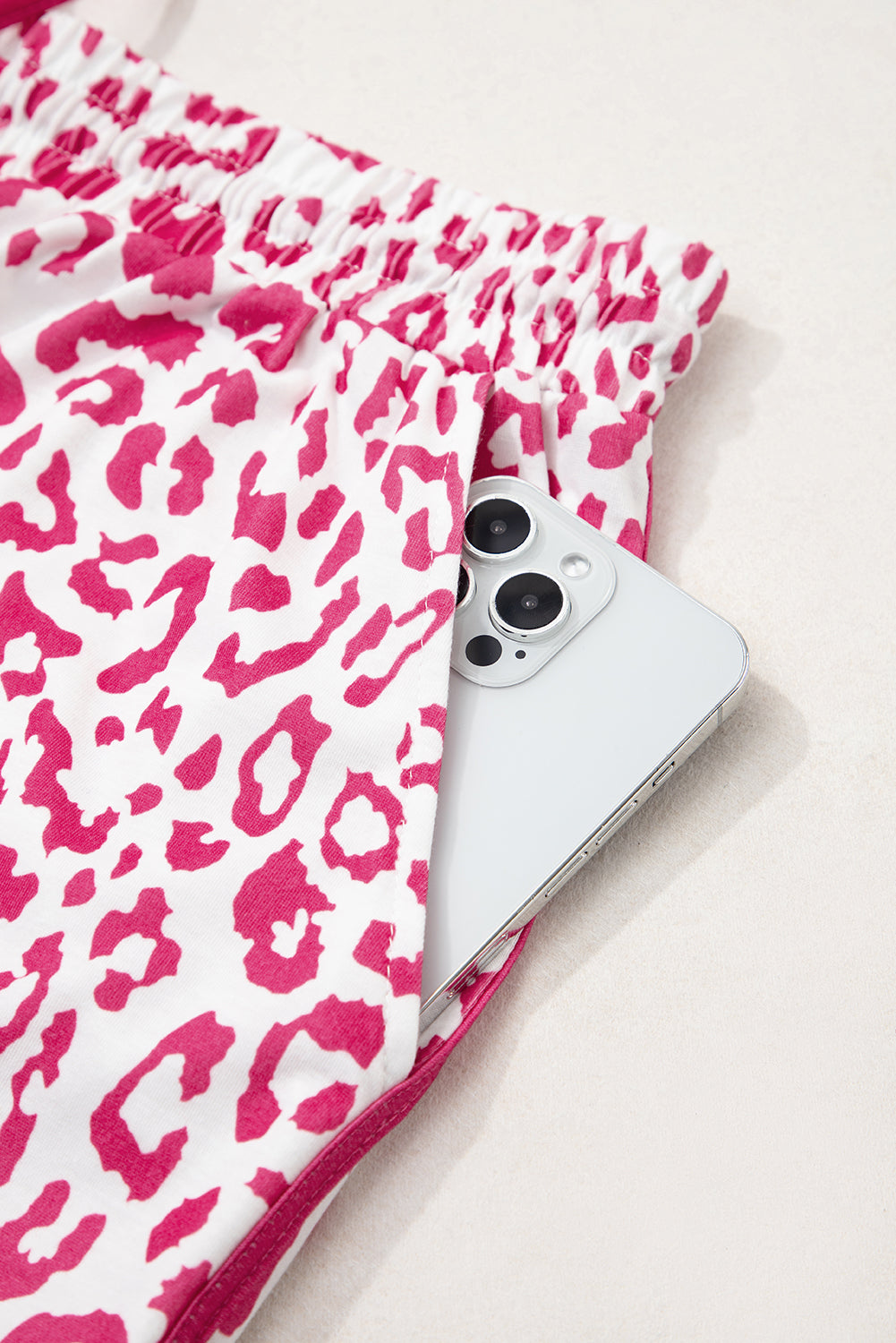 Pink Leopard Elastic Waist Lace up Contrast Trim Casual Shorts