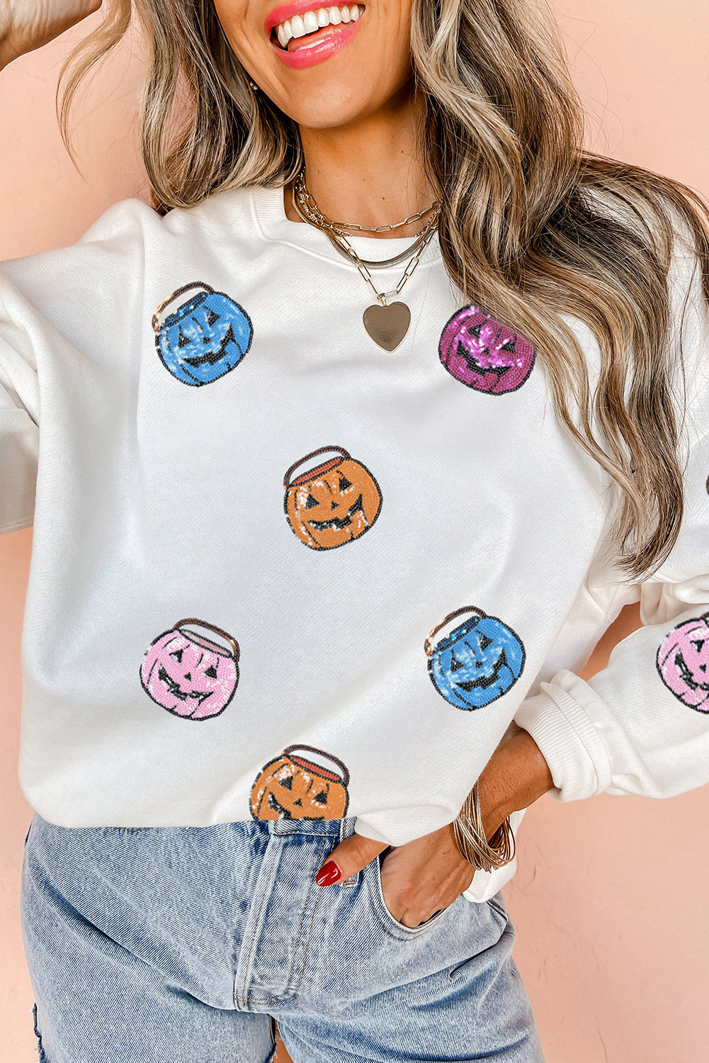 White Halloween Pumpkin Lantern Sequin Patched Sweatshirt
