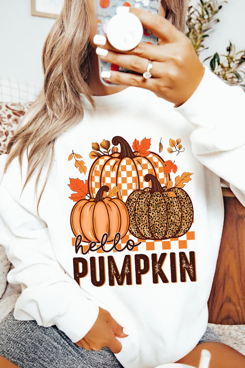 White Hello Pumpkin Thanksgiving Graphic Sweatshirt