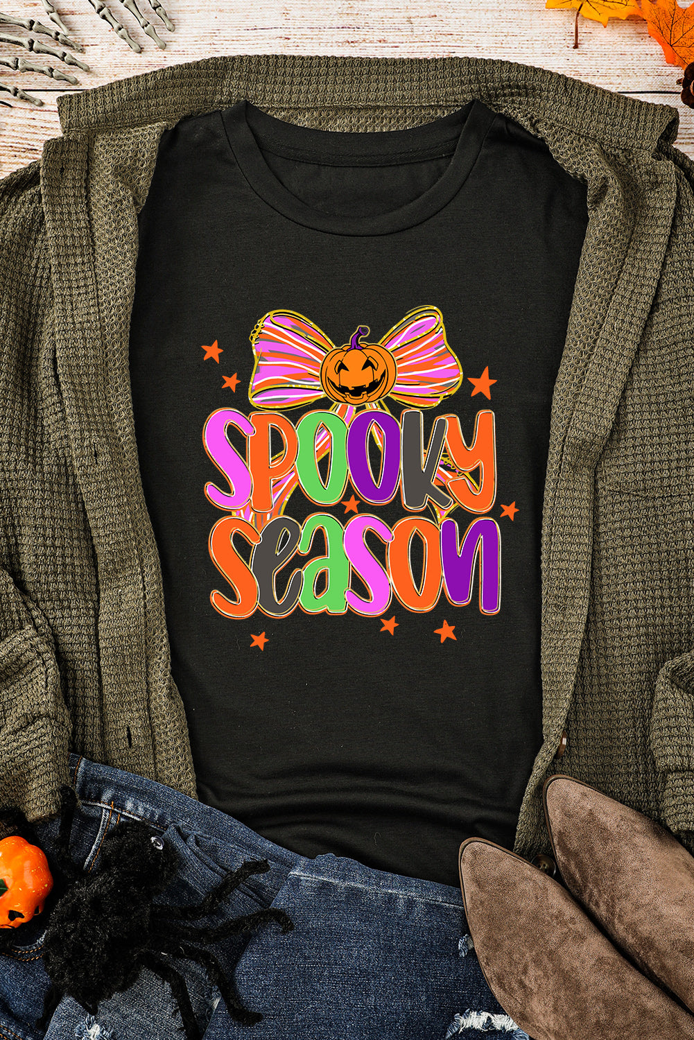 Black SPOOKY SEASON Halloween Pumpkin Bow Print T Shirt