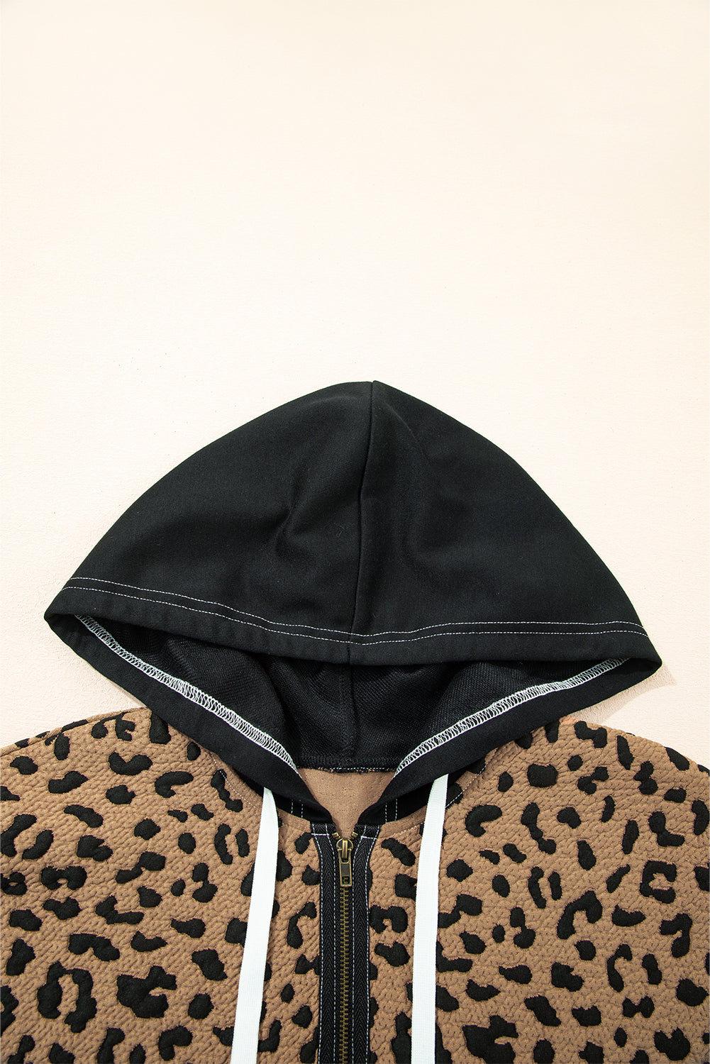 Brown Leopard Patchwork Contrast Stitching Knotted Cuff Quarter Zip Hoodie