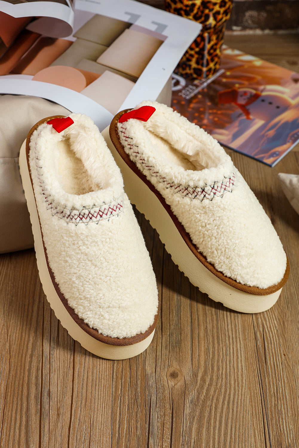 White Embroidered Sherpa Plush Thick Sole Winter Slippers