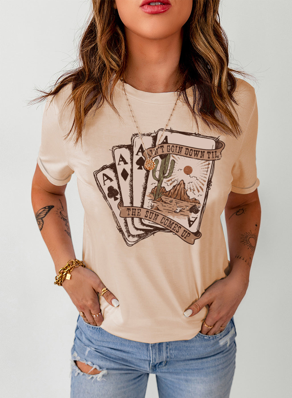Khaki Western Poker Cards Graphic T Shirt