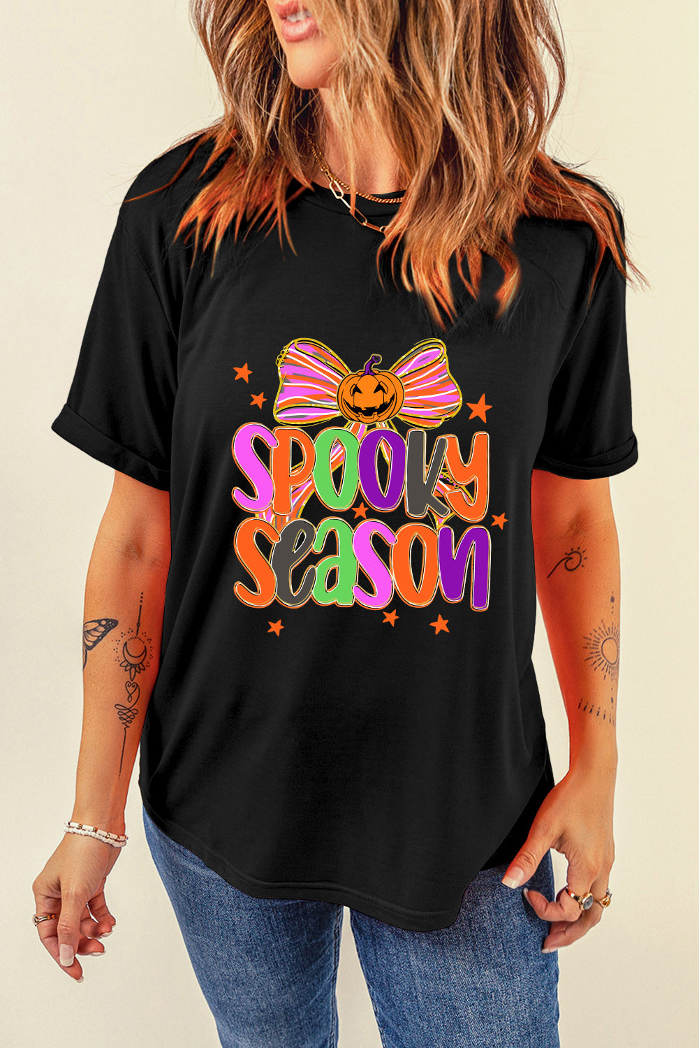Black SPOOKY SEASON Halloween Pumpkin Bow Print T Shirt