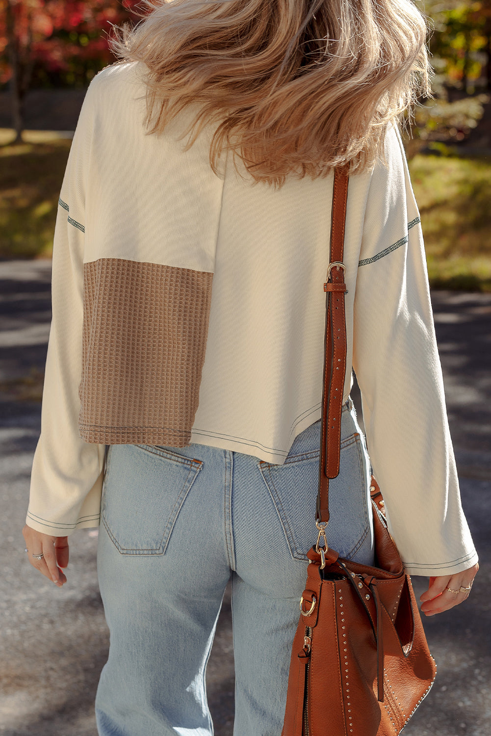Beige Waffle Patchwork Stitch Detail Long Sleeve Henley Top