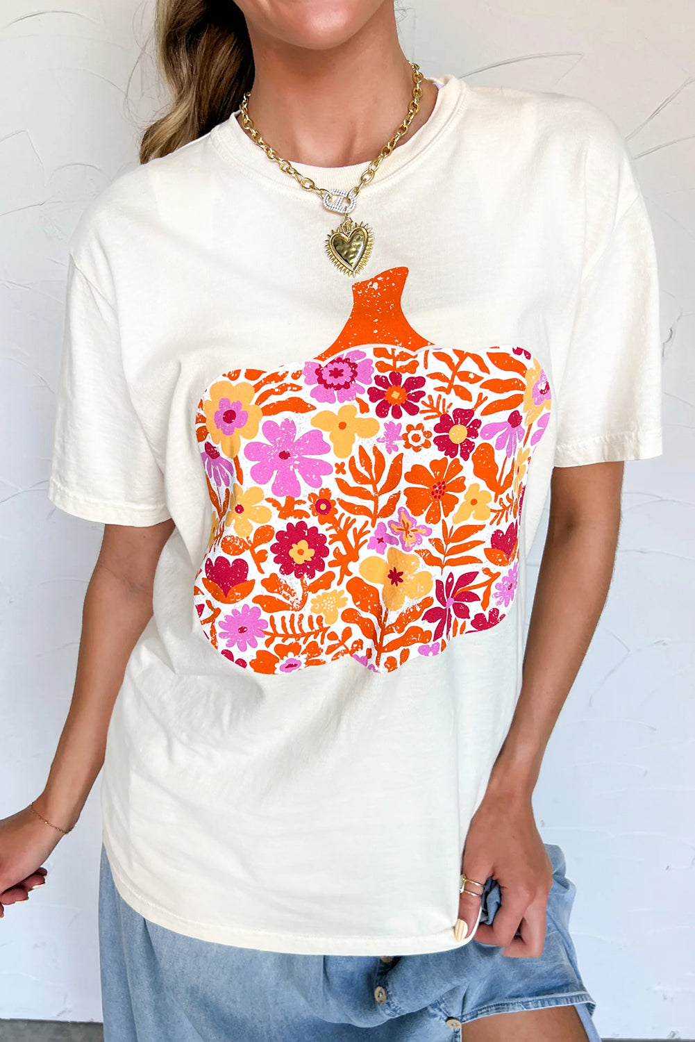 White Floral Pumpkin Graphic Fashion Tee