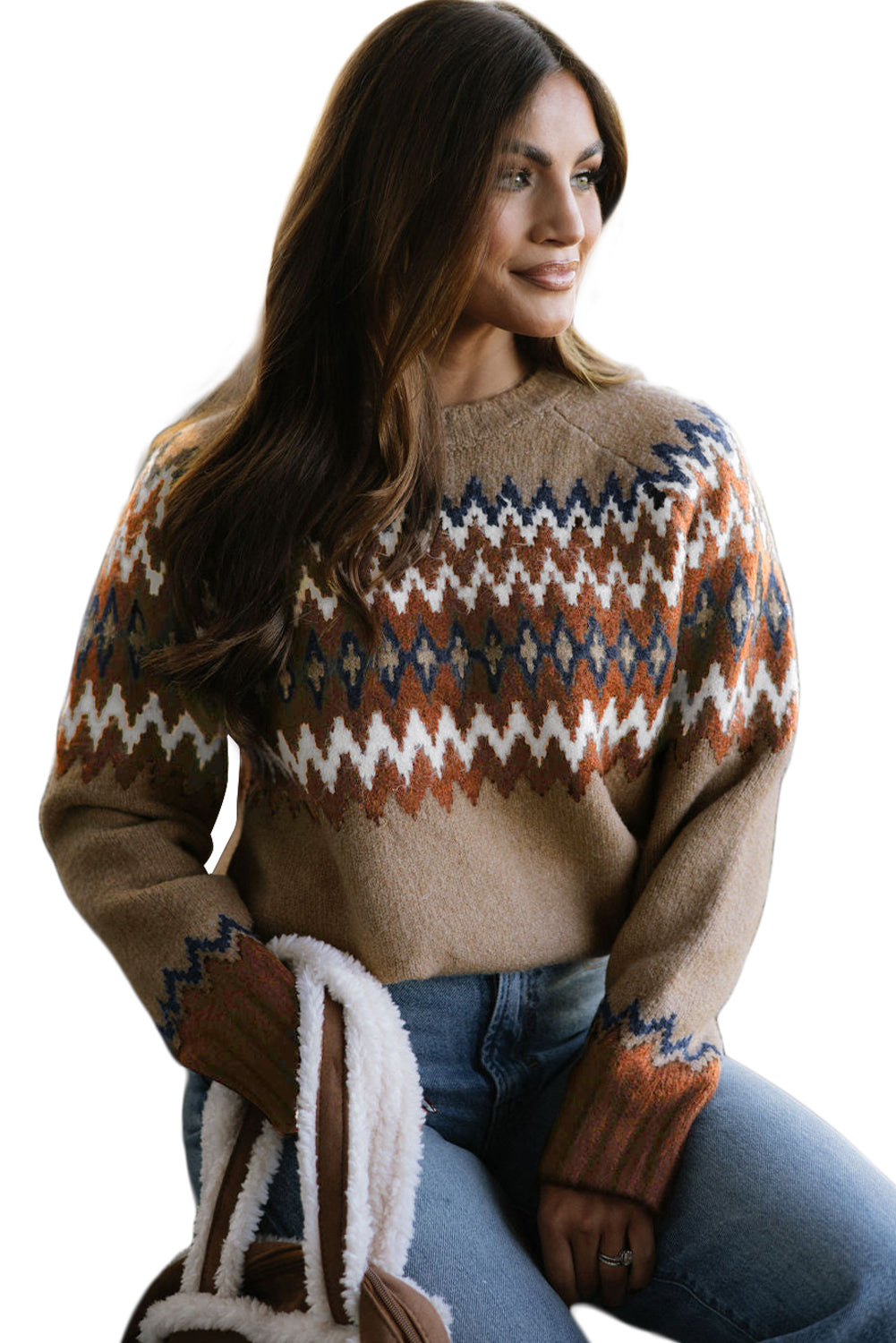 Khaki Aztec Print Colorblock Crew Neck Sweater