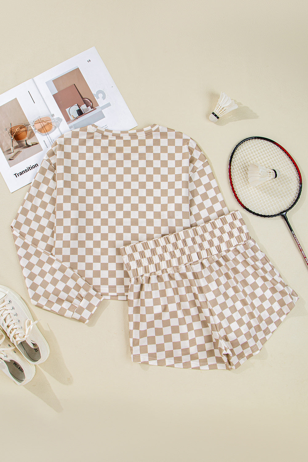 Khaki Checkered Long Sleeve Crop Top High Waist Skort 2pcs Set