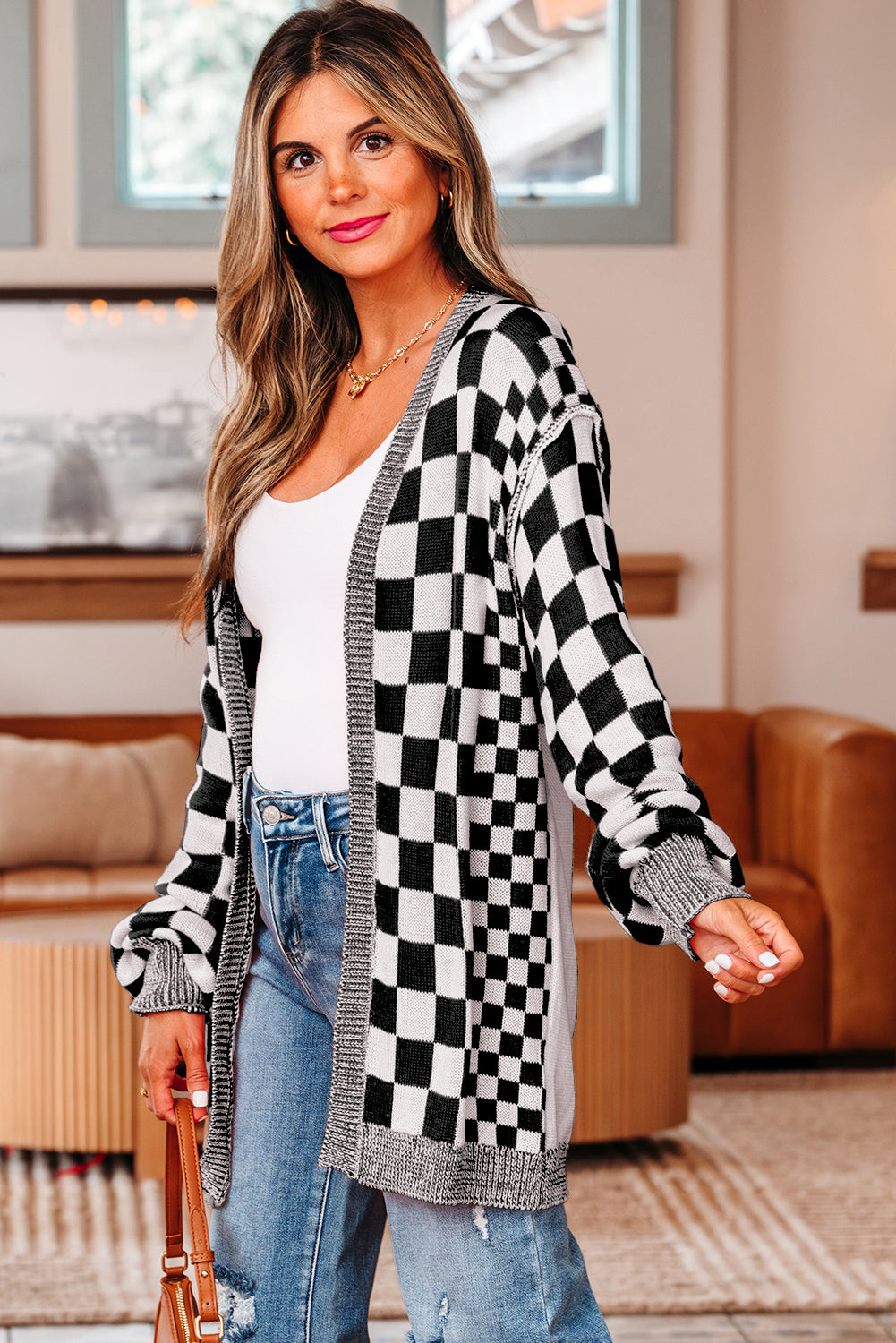 Black Checkered Open Front Drop Shoulder Cardigan