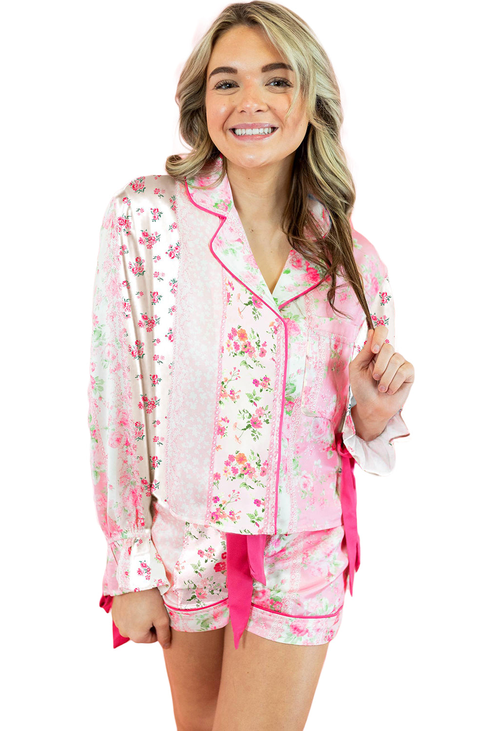 Pink Mixed Floral Print Contrast Piping Trim Satin Tie Pajama Set