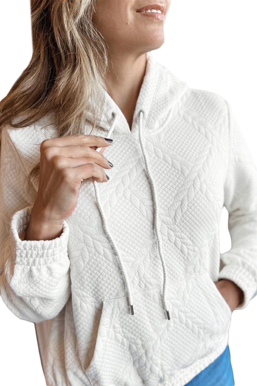 White Cable Lattice Texture Kangaroo Pocket Hoodie