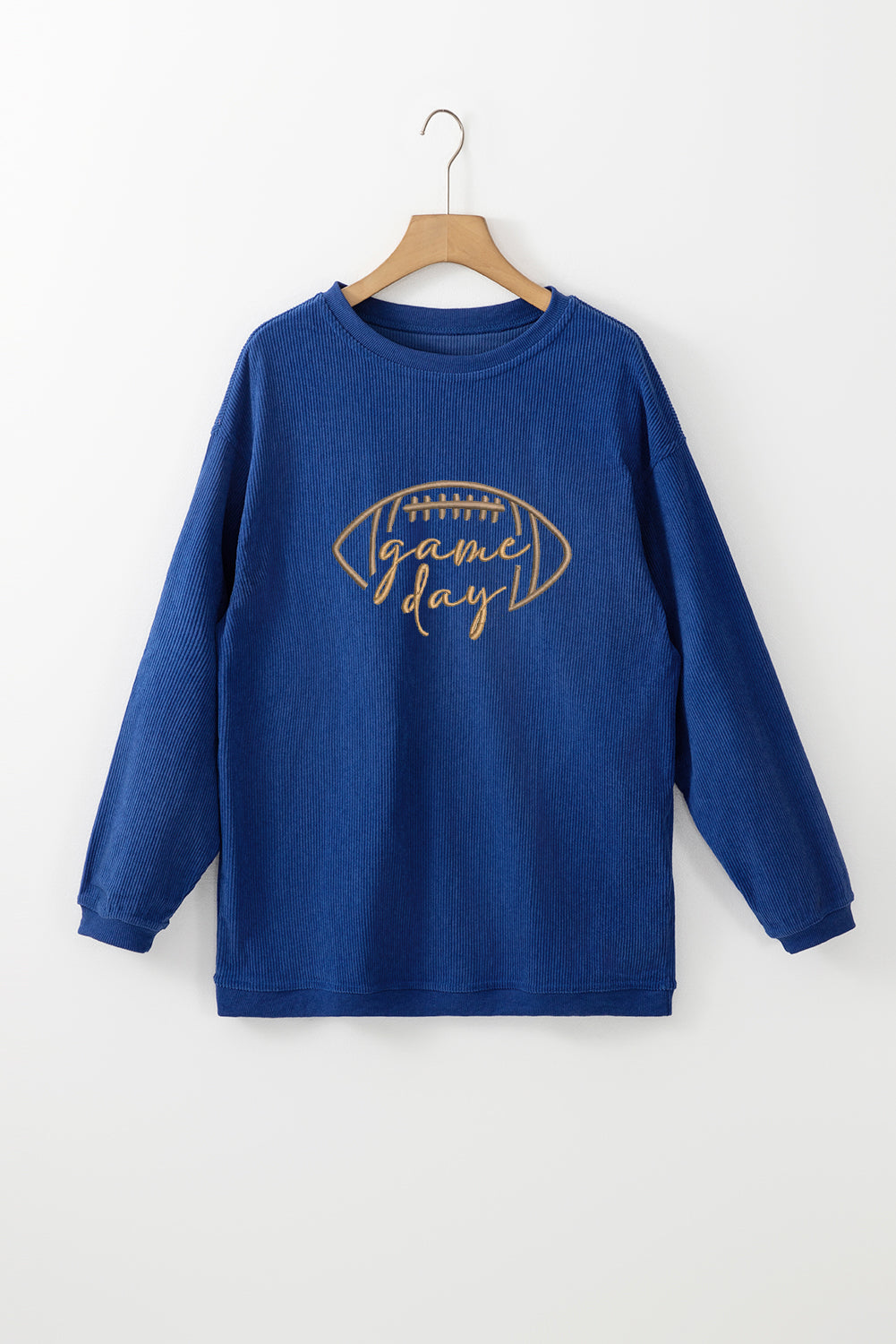 Dark Blue Rugby Game Day Embroidered Corduroy Sweatshirt