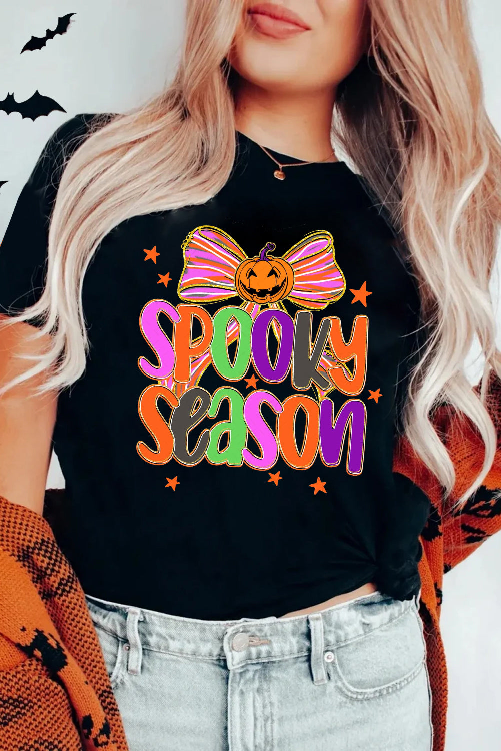 Black SPOOKY SEASON Halloween Pumpkin Bow Print T Shirt