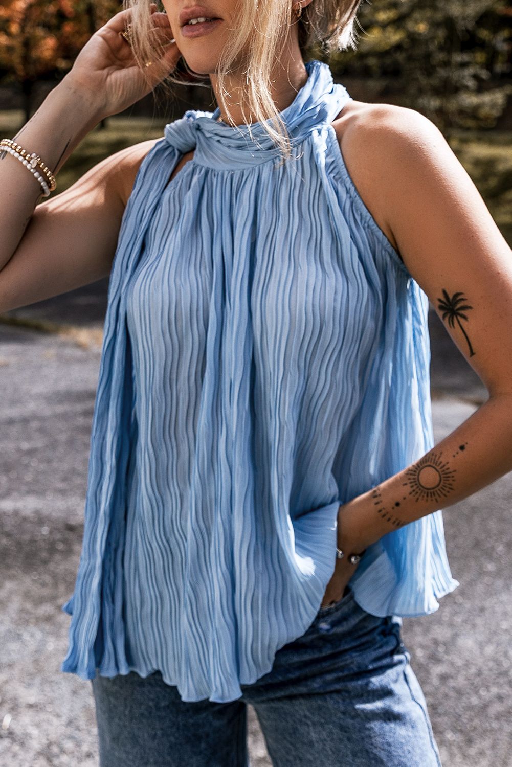 Myosotis Textured Pleated Tied Mock Neck Flowy Tank Top