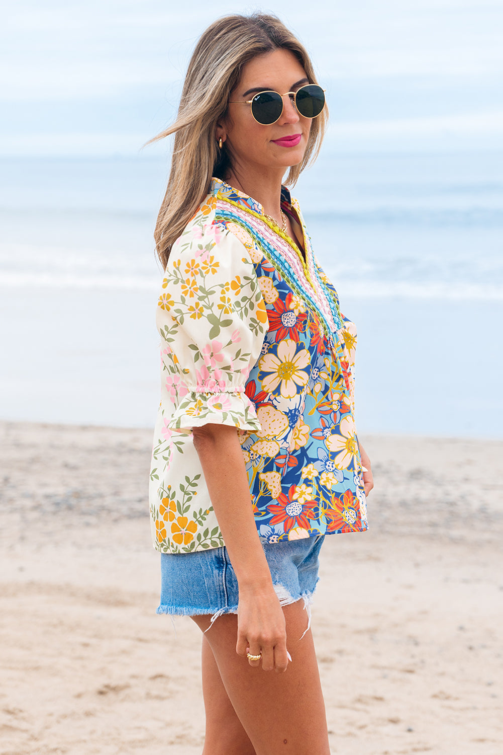 Multicolour Crochet V Neck Half Sleeve Boho Floral Blouse