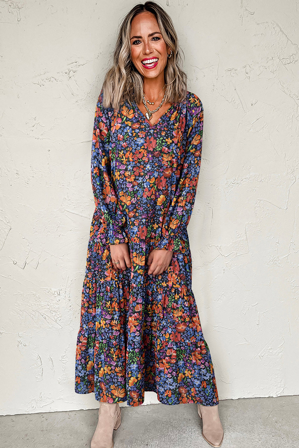 Blue Floral Print Tassel Tie V Neck Long Sleeve Flowy Long Dress