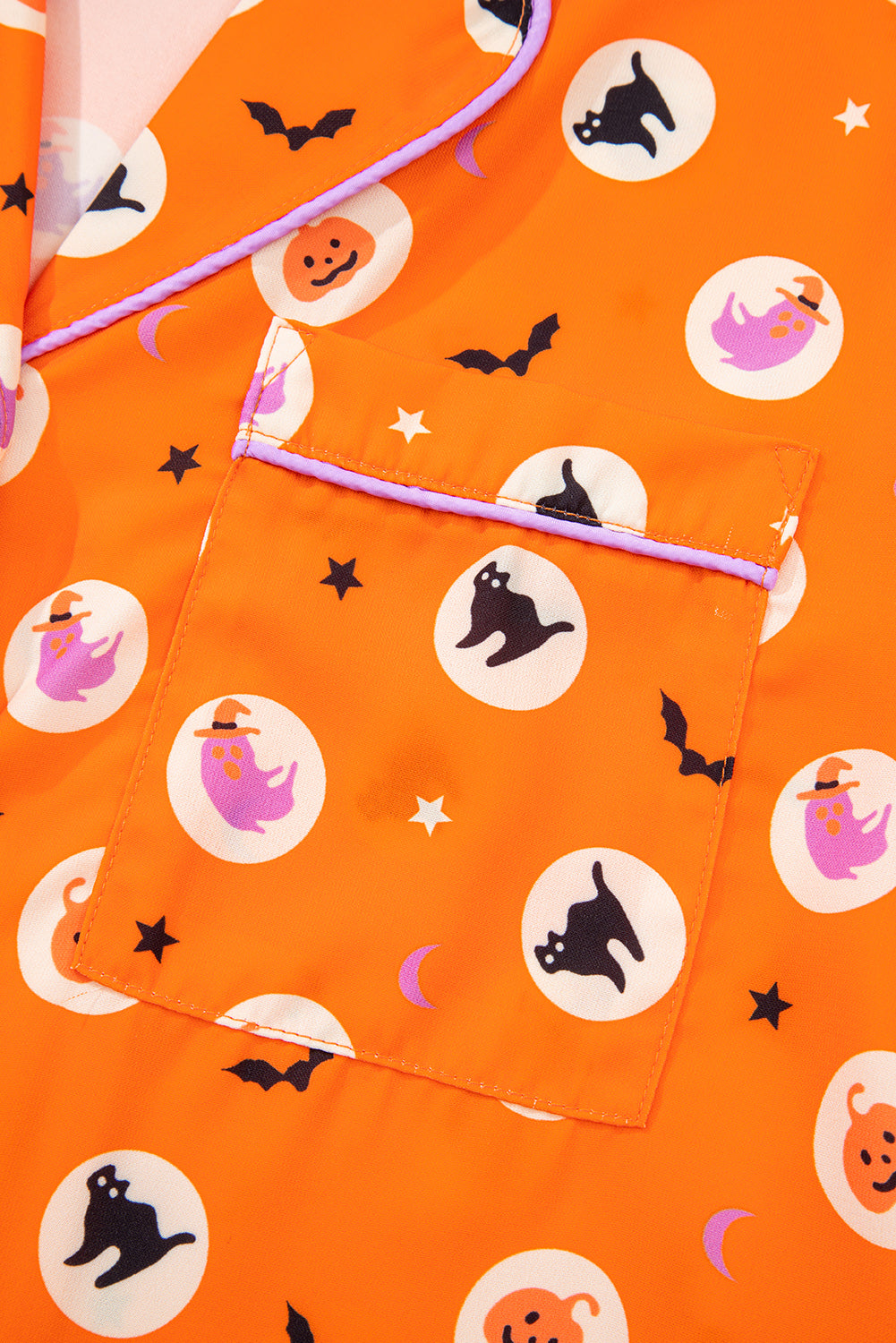 Orange Halloween Print Lapel Shirt Long 2pcs Pajama Set