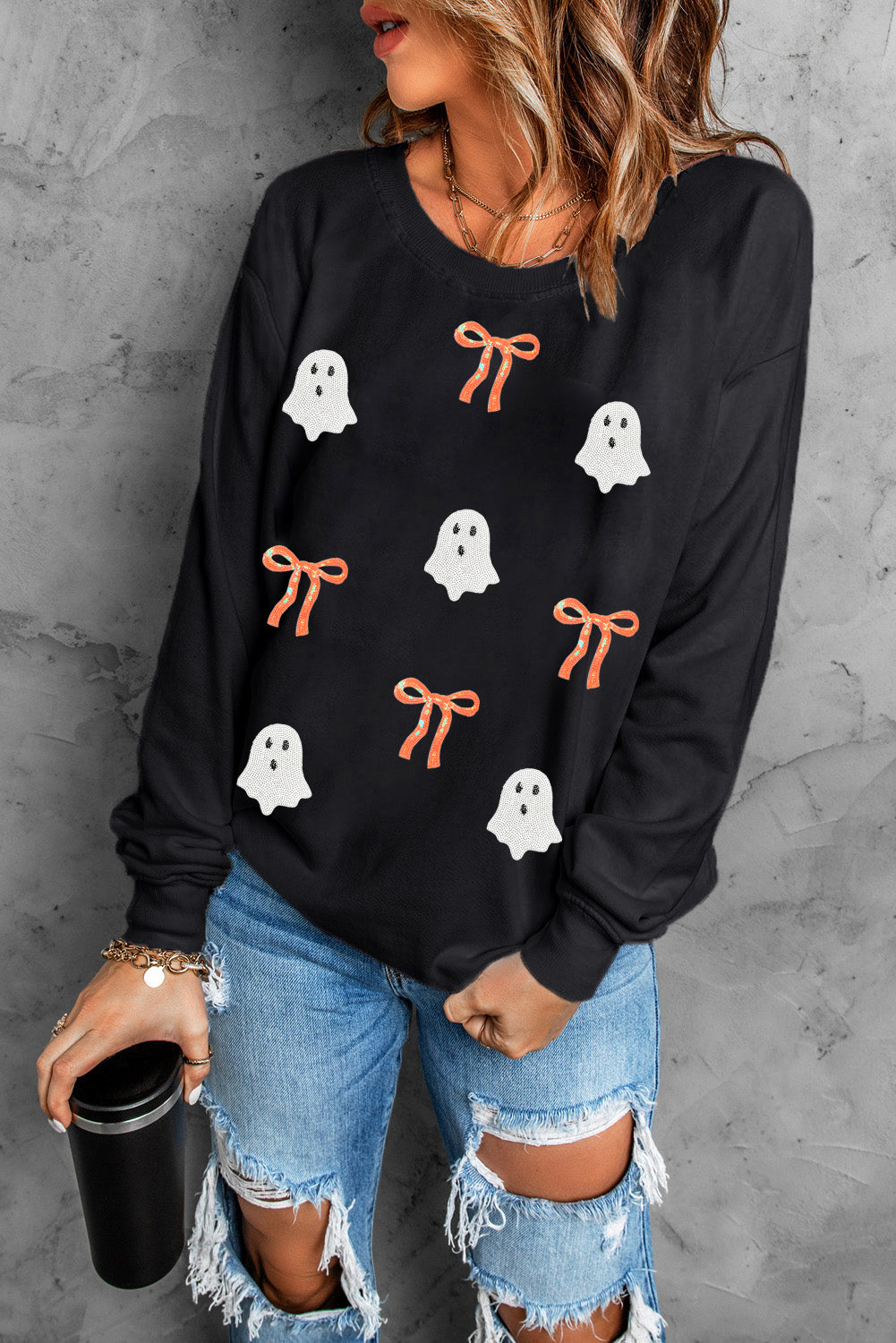 Black Halloween Ghost Bow Sequin Patched Drop Shoulder Sweatshirt
