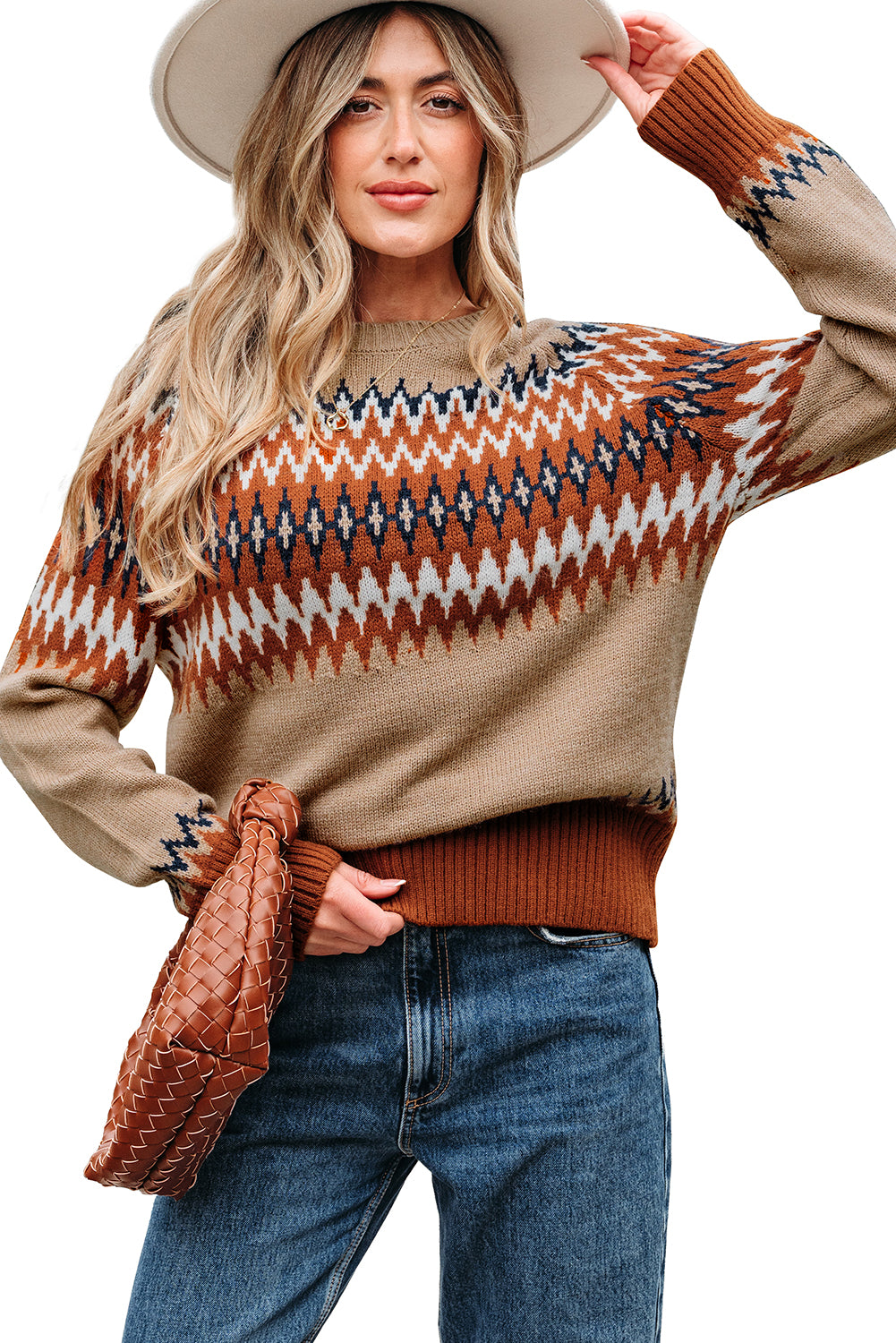 Khaki Aztec Print Colorblock Crew Neck Sweater