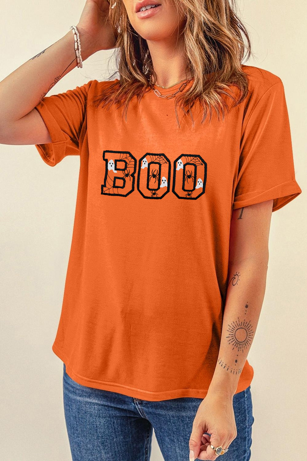 Orange BOO Halloween Ghost Spider Embroidered Graphic Tee