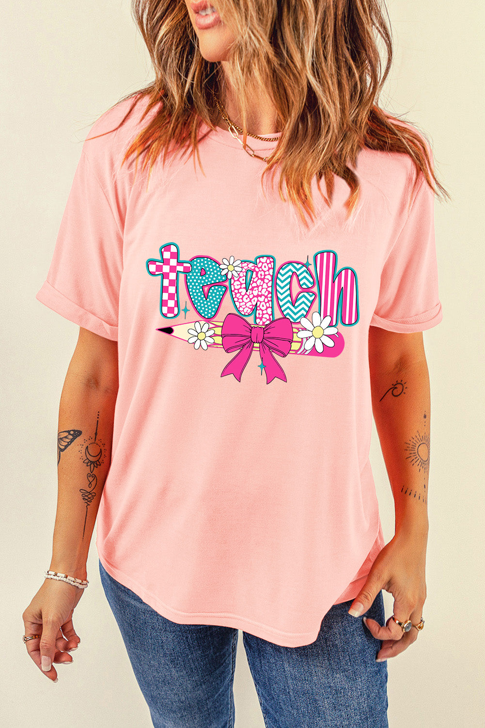 Pink Preppy Retro Checkered Coquette Teach Graphic T-Shirt