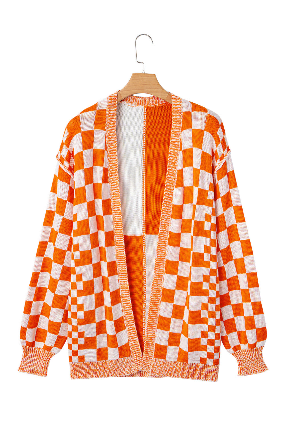 Orange Checkered Open Front Drop Shoulder Cardigan