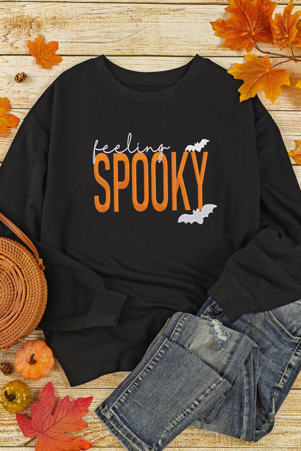 Black Feeling Spooky Halloween Embroidered Graphic Baggy Sweatshirt