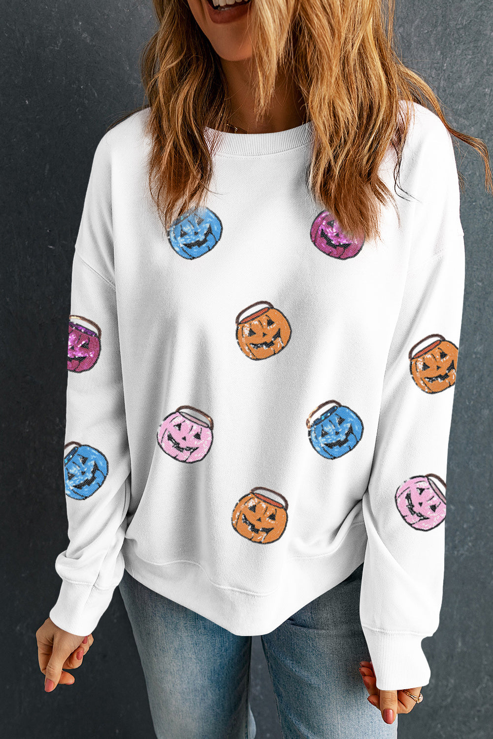 White Halloween Pumpkin Lantern Sequin Patched Sweatshirt