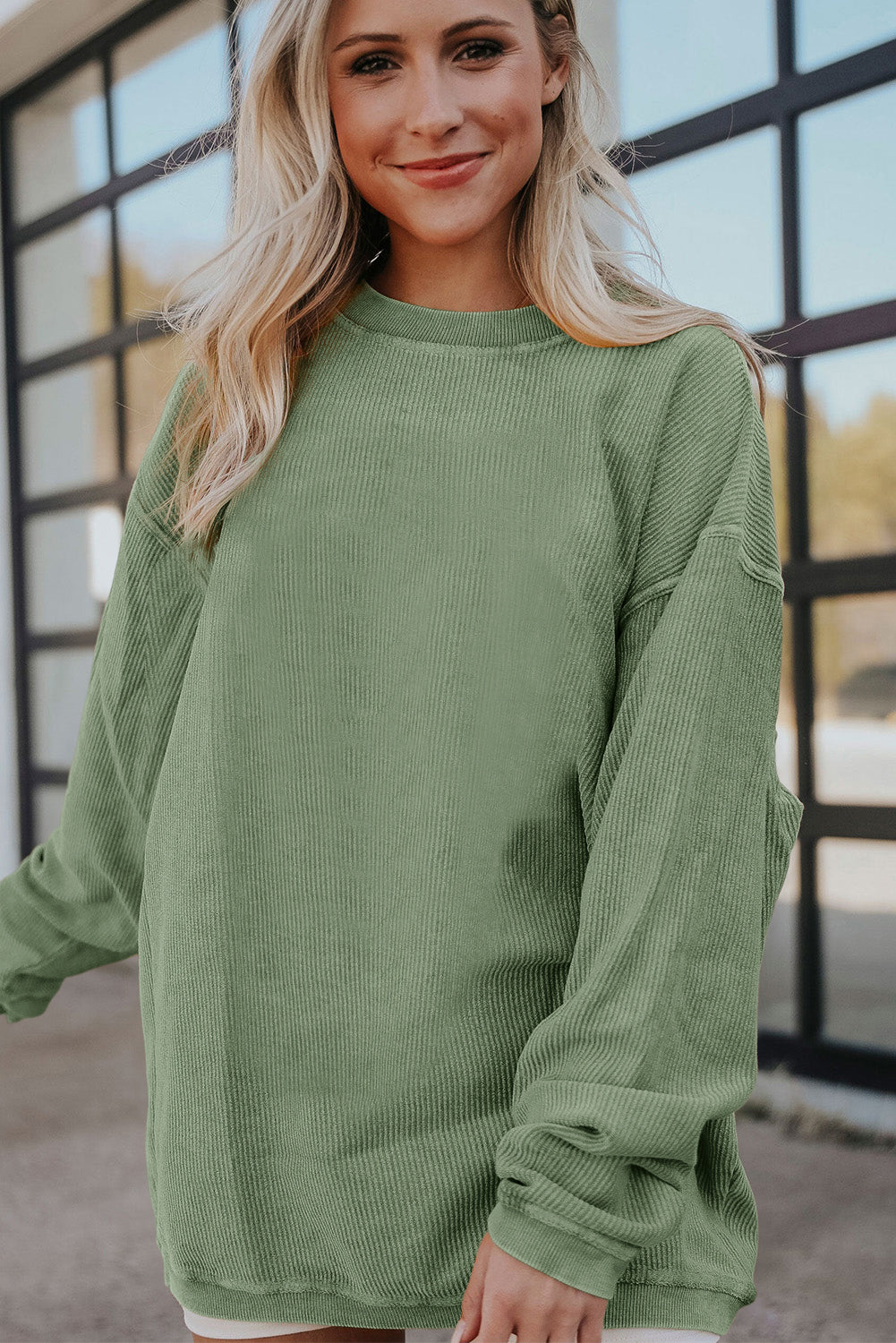 Grass Green Rib Knit Drop Shoulder Oversized Sweatshirt