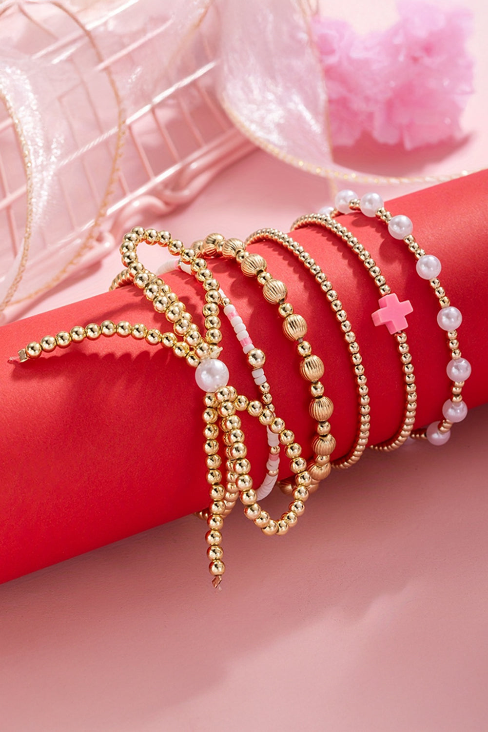 Gold Bow Pearl Cross Beaded Bracelet Set