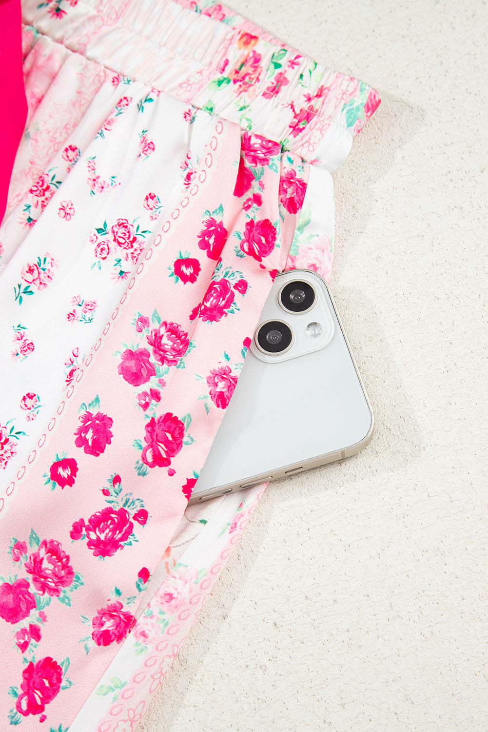 Pink Mixed Floral Print Contrast Piping Trim Satin Tie 2pcs Pajama Set