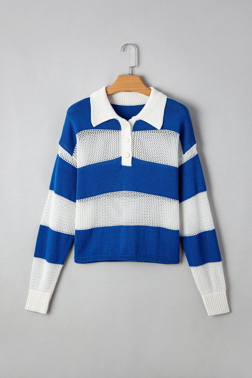 Blue Stripe Colorblock Polo Collar Eyelet Crochet Knitted Sweater