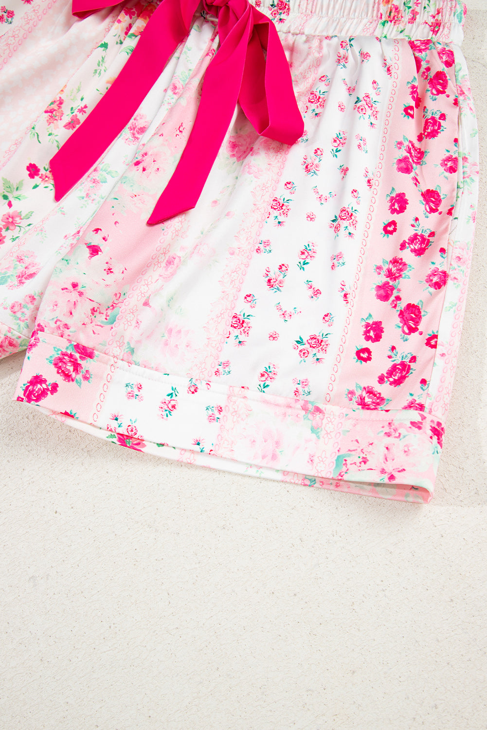 Pink Mixed Floral Print Contrast Piping Trim Satin Tie 2pcs Pajama Set