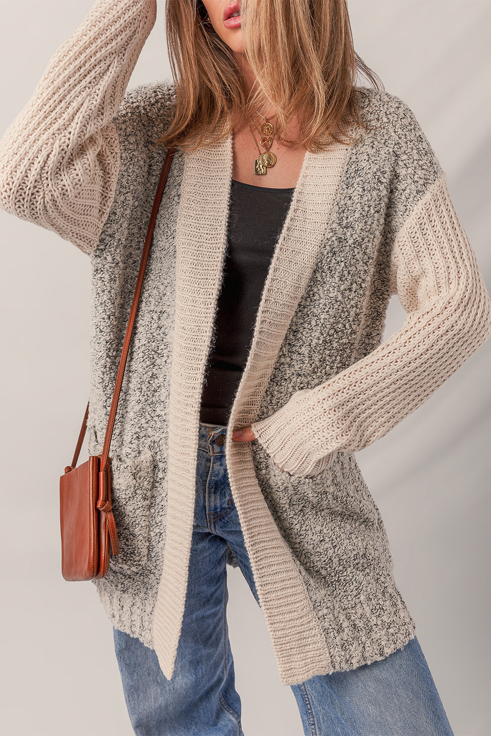 High Color Block Side Pockets Open Front Cardigan