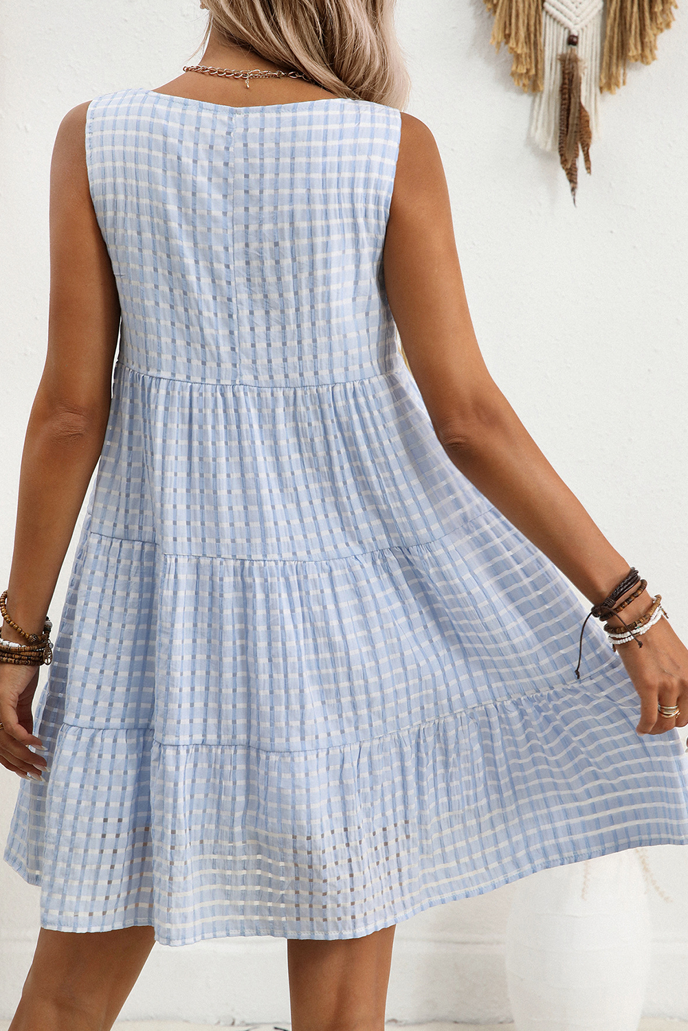 Light Blue Plaid Tiered A-line Sleeveless Mini Sundress