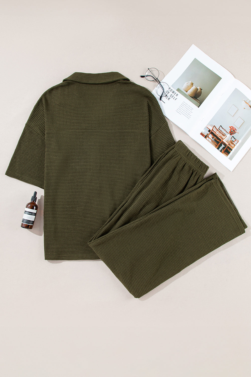 Four Leaf Clover Solid Color Textured Buttoned Shirt and Casual Pants Set